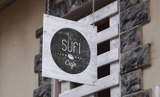 Thumbnail - Mockup of a store sign for Sufi Café.